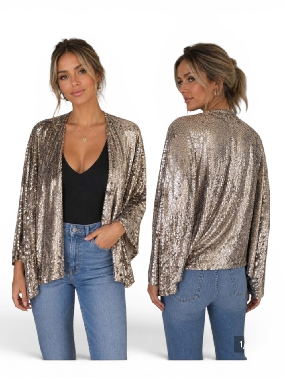 Toby Heart Ginger Gold Sequin Kimono Jacket Boho Festival Holiday Party S